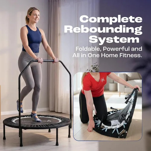 Vista 2 de MaXimus trampolín pequeño plegable en cuatro partes profesional. Incluye DVD, bolsa con barras, bandas y pesas.