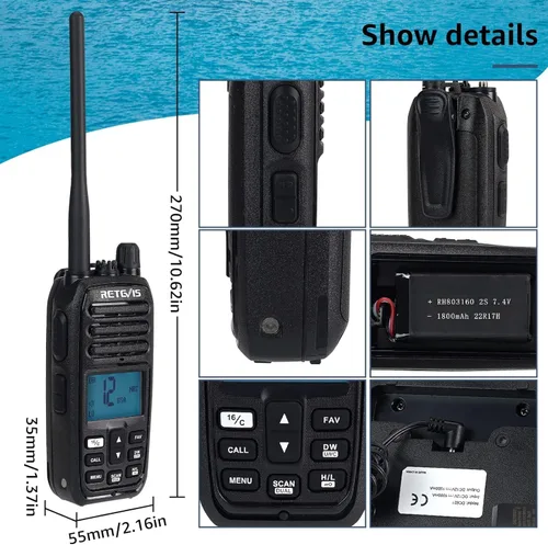Vista 10 de Retevis RM21 - Radio marina flotante, 1/3/5 W, radio VHF IP67 marina, sumergible, reducción de ruido AI de 1 pulsación, 1800 mAh, 88 canales