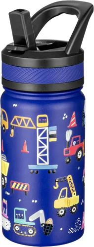 Vista 10 de Fanhaw Botella de agua aislada para niños de 14 onzas con tapa de pajita – Acero inoxidable de doble pared al vacío, a prueba de fugas, botellas