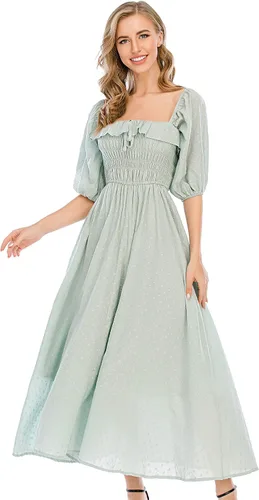 Vista 5 de R.Vivimos - Vestidos largos de verano de media manga para mujer, hechos de algodón, con volantes, estilo vintage, elegantes, con espalda descubierta