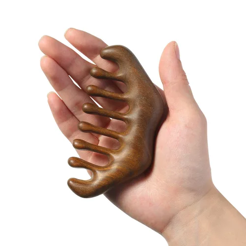 Vista 4 de Peine de madera, peine de masaje de cuero cabelludo, peine de madera natural para el cabello de dientes anchos, herramienta de masaje de cabeza sin