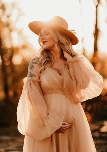 Vista 2 de Vestidos de maternidad de tul para sesión de fotos, batas de hombros descubiertos, manga larga, lencería nupcial, baby shower, vestidos de embarazo