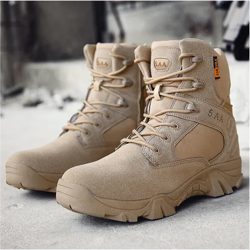 Vista 2 de Botas de trabajo tácticas militares de 8 pulgadas para hombre, botas de combate con cremallera lateral, botas de combate de cuero de gamuza