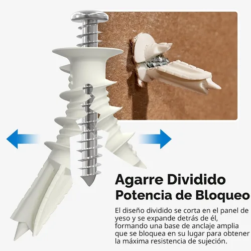 Vista 6 de Anclajes plásticos autoperforantes para paneles de yeso con tornillos #8, no requiere preparación de agujeros, soporta hasta 75 libras (10 unidades)