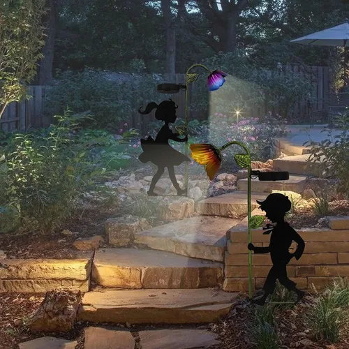 Vista 5 de Paquete de 2 luces solares de jardín, siluetas LED de paisaje para niño y niña, decoración de metal para exteriores, para jardín, paisaje, camino