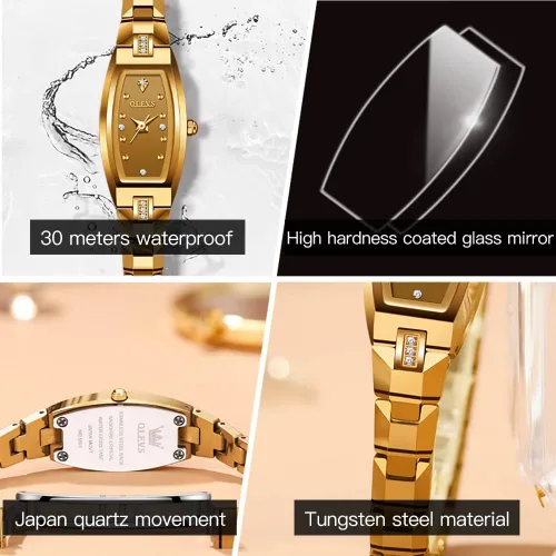 Vista 6 de OLEVS Reloj delgado para mujer correa de acero de tungsteno de oro rosa diseño Tonneau forma cuadrada con forma de diamante cuarzo para mujer reloj