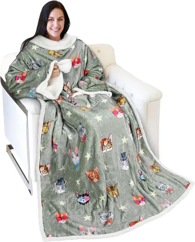 Vista 11 de Catalonia - Manta de forro polar tipo sherpa con mangas, súper suave, cálida y cómoda, de gran tamaño, de forro polar y microplush, con mangas
