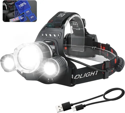 Vista 9 de BORUIT Linterna frontal recargable LED RJ-3000, 3 modos de linternas frontales LED blancas y rojas para caza, linterna táctica súper brillante