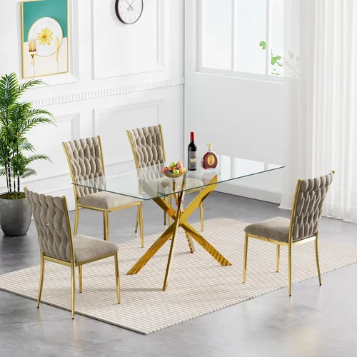 Vista 29 de Juego de mesa de comedor de cristal para cocina de 4, 5 piezas, mesa de comedor rectangular de 51 pulgadas con 4 sillas de cocina de terciopelo