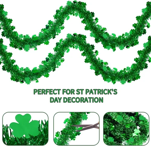 Vista 7 de Guirnalda de oropel del día de San Patricio, guirnalda metálica de trébol verde de 196 pies para decoración irlandesa de árbol de pared para fiesta