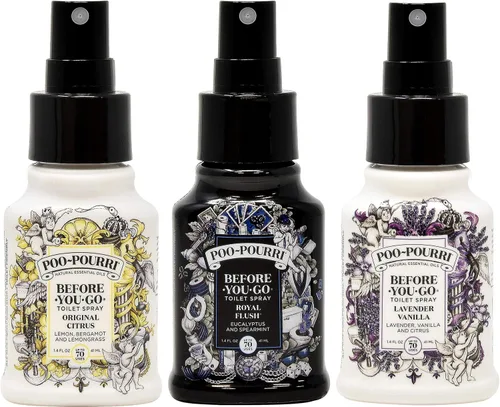 Vista 2 de Poo-Pourri - Espray para inodoro, Cítricos Originales, Lavanda Vanilla y Royal Flush, botellas de 1.4 oz