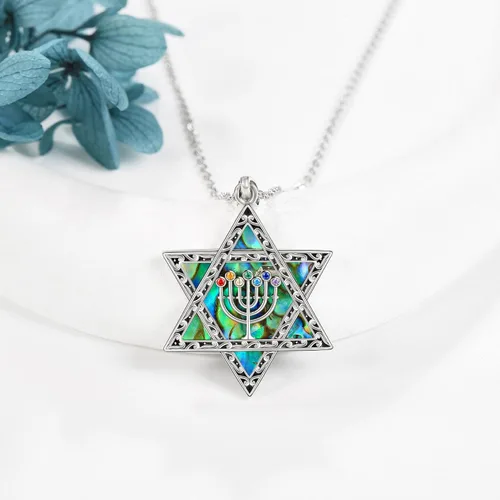 Vista 2 de URONE Star of David Necklace Sterling Silver Star of David Abalone ShellMoss Agate Pendant Necklace Jewish Star Jewelry Gifts for Women