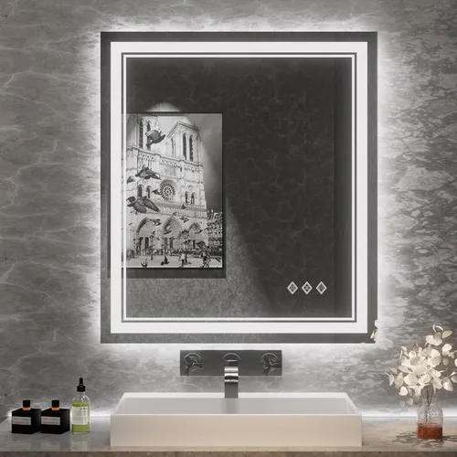 Vista 33 de Espejo LED para baño de 20 x 28 pulgadas con frente degradado y luz LED, espejo retroiluminado para baño, 3 colores, CRI > 90, espejo de baño