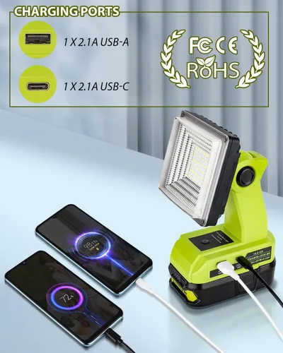 Vista 4 de Adisipsoarin Luz de trabajo LED inalámbrica para batería Ryobi de 18 V, reflector LED de 25 W con puertos de carga rápida USB-A y USB-C 2.1A