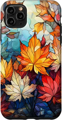 Vista 12 de iPhone 15 Otoño hojas de arce vitrales estilo abstracto caso