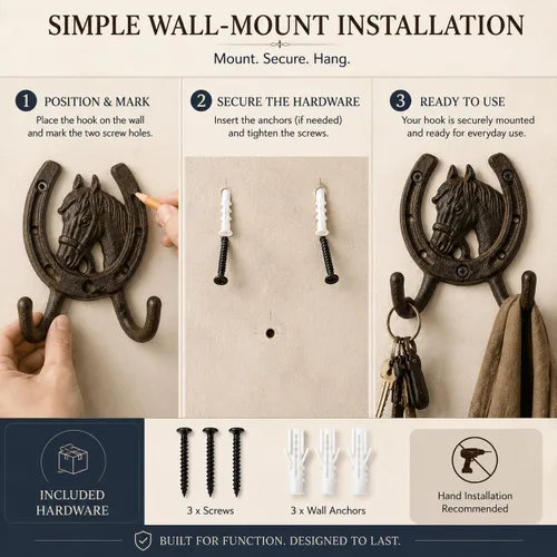 Vista 8 de Comfy Hour - Ganchos de caballo de 5 pulgadas para pared, soporte para Ganchos de pelo de cabeza de caballo de hierro negro, ganchos occidentales