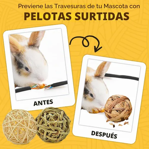 Vista 4 de SunGrow Paquete de 3 bolas masticables de conejo, juguete de dentición de hierba surtida para mascotas de bolsillo pequeñas, soporte de desgaste