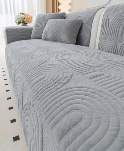 Vista 6 de Funda de sofá geométrica de granja para sofá, funda de terciopelo suave acolchada para sofá seccional, funda de sofá antideslizante para sofá, Gris