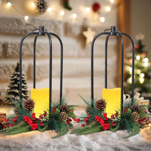 Vista 2 de Linternas decorativas de Navidad para interiores, pack de 2 linternas de Navidad para exteriores, linternas decorativas de 15 pulgadas con luz