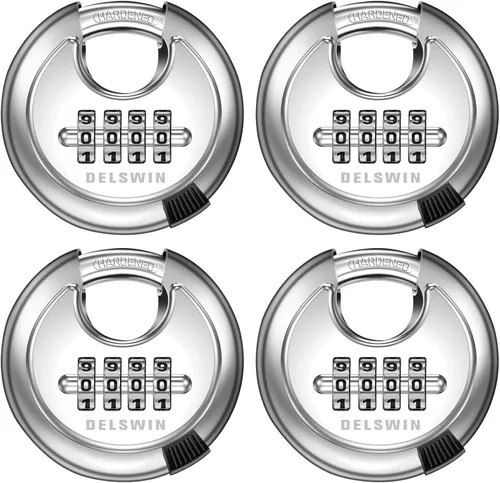 Vista 15 de DELSWIN - Candado de combinación de 4 dígitos con grillete de acero endurecido, candado de combinación para cobertizos, casillero de gimnasio, área