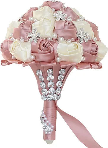Vista 9 de XINNI Ramo de boda negro para novia, dama de honor, satén con diamantes de imitación y perlas para boda, fiesta de quinceañera, negro y marfil