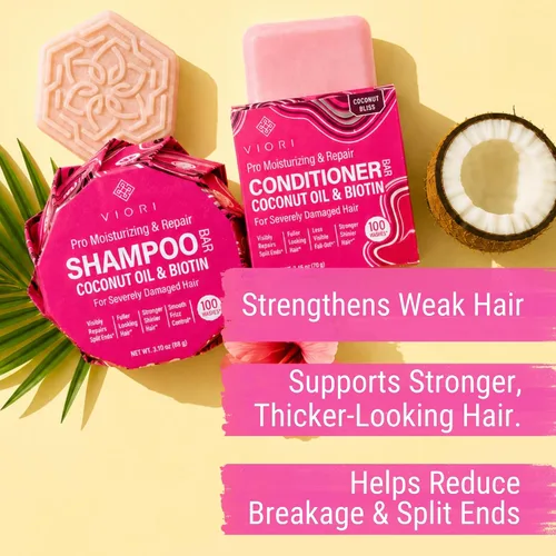 Vista 2 de Viori Coconut Advanced Repair barra sin aroma de champú y acondicionador – agua de arroz Longsheng y ésteres de jojoba – sin sulfatos, ecológico