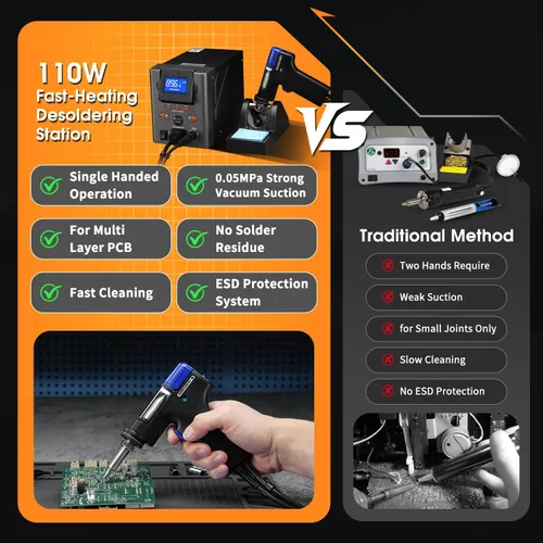 Vista 2 de 110W 2-IN-1 Desoldering Station, PID Temperature, Sleep Mode, ESD-safe