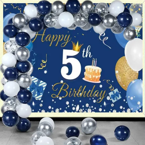 Vista 4 de Cartel de fondo de 5º cumpleaños para niños y niñas, azul, 59 x 35.4 pulgadas Póster de tela con letrero de fondo, suministros de fiesta de quinto