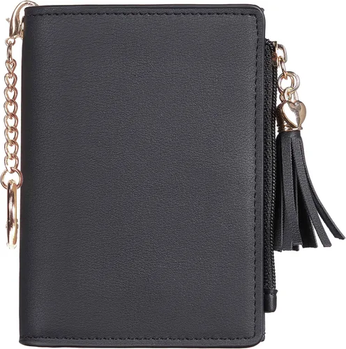 Vista 5 de Gostwo Mini monedero delgado plegable para mujer con borla y bolsillo con cremallera para monedas, Negro con llavero, Moda