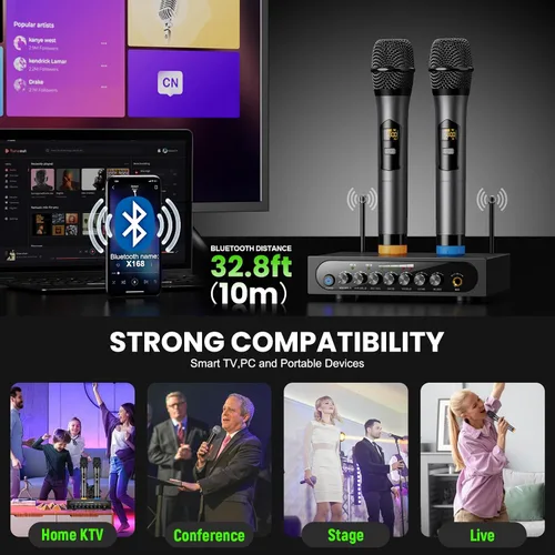 Vista 5 de Sistema de micrófono inalámbrico Micrófono dinámico inalámbrico UHF Micrófono de mano inalámbrico de doble canal con Echo Bluetooth Control