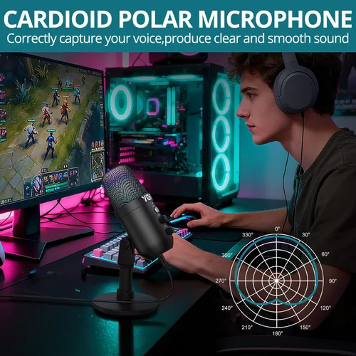 Vista 7 de Micrófono de condensador USB con soporte de luces RGB para PC, PS4, PS5 Micrófono dinámico para juegos, cancelación de ruido, control de ganancia