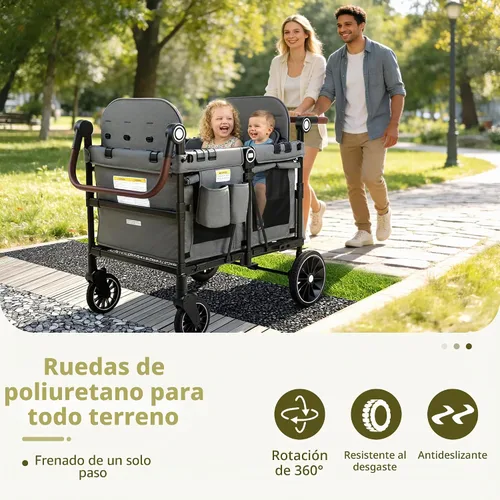 Vista 5 de Kinder King Cochecito Wagon para 4 niños, mango ajustable, gris