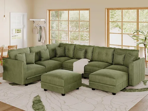 Vista 64 de LLappuil Sofá seccional modular con asientos de almacenamiento, sofá seccional convertible modular en forma de U de pana para sala de estar, sofá