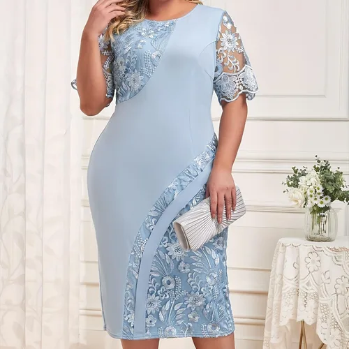 Vista 5 de Vestido de talla grande elegante floral bordado midi para mujer, cuello redondo, manga corta, detalles de encaje, fiestas perfectas, bailes
