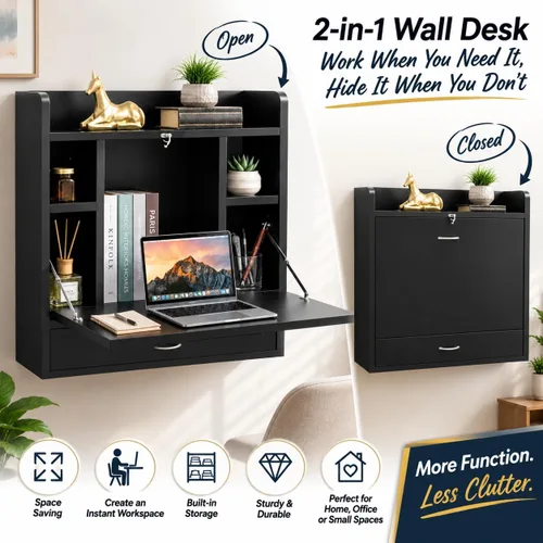 Vista 6 de Basicwise Escritorio plegable montado en la pared, escritorio plegable que ahorra espacio con estantes de almacenamiento y cajón, mesa flotante Negro