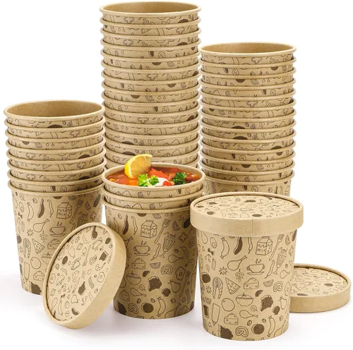 Vista 10 de Cedilis Paquete de 50 recipientes de papel con tapas, recipiente de sopa de papel para llevar, vaso desechable de estraza para sopa fría o caliente