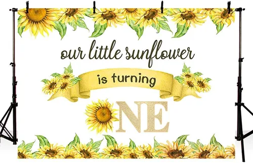 Vista 3 de Telón de fondo de feliz cumpleaños de 7 x 5 pies para bebé, niño y niña, con texto en inglés "Our Little Sunflower is Turning One", fondo blanco