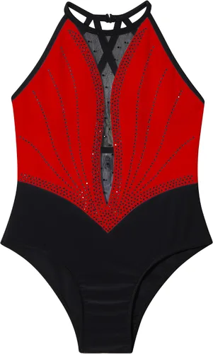 Vista 3 de Kids Girls' Rhinestone Contemporary Ballet Dance Leotard Mesh Splice Gymnastics Bodysuit Stage Performance
