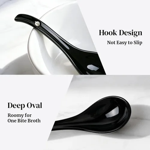 Vista 4 de DOWAN Cucharas de sopa, cucharas de sopa asiáticas de cerámica, cuchara japonesa negra grande para Ramen Pho Wonton Dumpling Miso, diseño de gancho