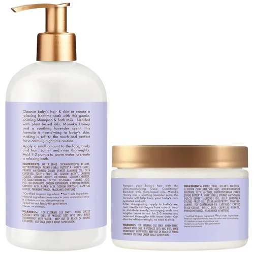 Vista 2 de SheaMoisture Baby Essentials, champú nocturno y leche de baño + acondicionador profundo, miel de manuka y lavanda, probado por pediatras