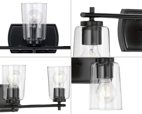 Vista 7 de Progress Lighting Adley Collection - Lámpara de tocador de baño tradicional con 3 luces, de cristal transparente, color negro mate, 7-5/8 x 23 Mate