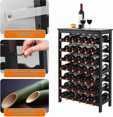 Vista 5 de VASMIA Estante de vino de bambú para 42 botellas, estante de vino de 7 niveles independiente con mesa, estante de almacenamiento de vino para Negro