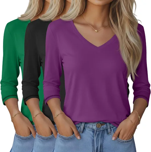 Vista 38 de Ficerd Paquete de 3 camisetas de manga 3/4 para mujer, cuello en V, blusas holgadas, blusas casuales, ropa de moda 2026
