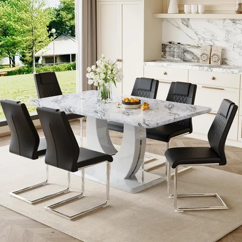 Vista 2 de JUFU Juego de mesa de comedor para 6, 63 pulgadas, juego de mesa de cocina y sillas de mármol sintético gris con 6 sillas de piel sintética, juego