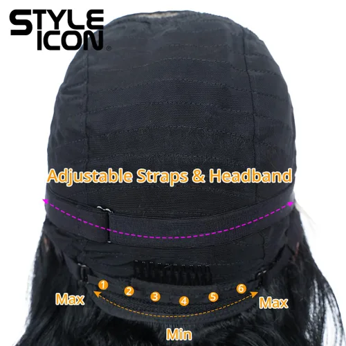 Vista 9 de Style Icon - Peluca de encaje frontal negra con parte libre, estilo U, de 24" de largo, ondulada con flequillo, sintética, resistente a altas 1