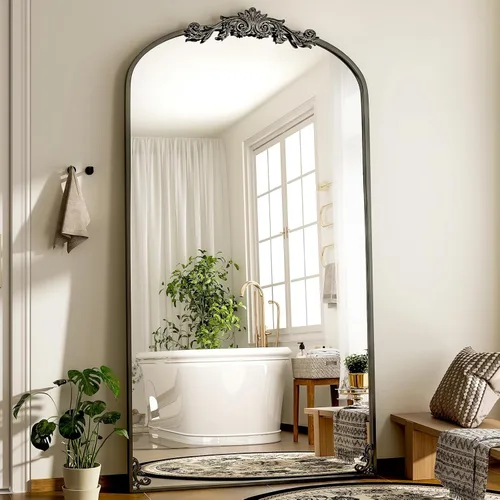 Vista 17 de GLSLAND Espejo Vintage - 72" x 44" Espejo de Cuerpo Completo Grande Tallado Arqueado con Marco de Metal Barroco Espejos de Cuerpo Completo para Negro