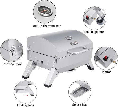 Vista 17 de Royal Gourmet GT1001 Parrilla portátil de acero inoxidable, 10000 BTU Parrilla de gas de mesa para barbacoa con patas plegables y tapa