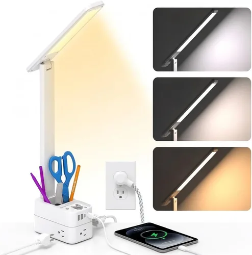 Vista 11 de Addtam Lámpara LED de escritorio, tira de alimentación con 3 tomas, 4 puertos de carga USB (2 USBC), 4 modos, lámpara táctil de 5 niveles de brillo
