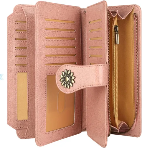 Vista 3 de Lavemi - Cartera de piel con bloqueo RFID para mujer, de gran capacidad, para llevarla a la muñeca