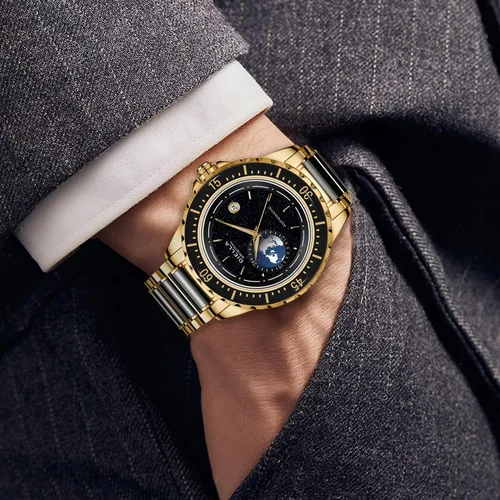 Vista 7 de Diella Automatic Watches for Men Black Jade Luxury Mens Dress Wrist Watch Self Winding Mechanical Gold Watch Stainless Steel Luminous Mens Watch